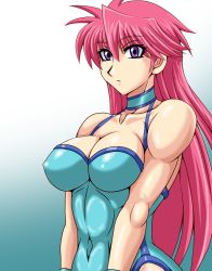 Rule 34 | 1girl, bare shoulders, breasts, cleavage, covered navel, leotard, long hair, mighty yukiko, muscular, pink hair, purple eyes, solo, taroimo (00120014), upper body, wrestle angels, wrestle angels survivor, wrestling outfit