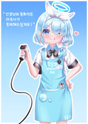 Rule 34 | 1girl, absurdres, apron, arona (blue archive), blue apron, blue archive, blue eyes, blue hair, blue halo, choker, colored inner hair, halo, hand on own hip, heart, highres, korean text, kuma piv, looking at viewer, multicolored hair, one eye closed, pink hair, shirt, short hair, smile, solo, tongue, tongue out, white choker, white shirt
