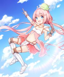 Rule 34 | 1girl, ahoge, arm up, armor, boots, brown gloves, cloud, creature on head, day, endro!, full body, gloves, highres, kiku (ks5832), knee boots, long hair, miniskirt, navel, pauldrons, pink hair, pointing, red skirt, shoulder armor, skirt, sky, solo, twintails, yuria shardet