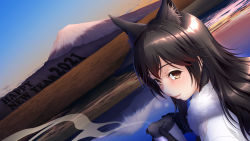 Rule 34 | 1girl, 2021, absurdres, atago (azur lane), atago (hallmarks of winter) (azur lane), atago (hallmarks of winter) (azur lane), azur lane, black gloves, brown hair, dutch angle, fur trim, gloves, happy new year, highres, long hair, mount fuji, new year, official alternate costume, orange eyes, solo, steam, thermos, water, yama-michi