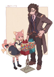 Rule 34 | 1boy, 1girl, :d, animal ears, black dress, black footwear, black hair, black pants, black vest, blonde hair, brown coat, brown footwear, candy, cat ears, cat girl, cat tail, chewing gum, child, coat, dress, food, full body, glasses, gradient hair, gumball, gumball machine, long hair, mary janes, multicolored hair, open clothes, open coat, open mouth, original, pants, pinafore dress, pink hair, shirt, shoes, simple background, sleeveless, sleeveless dress, smile, standing, strap slip, tail, urabe (mstchan), very long hair, vest, white background, white shirt