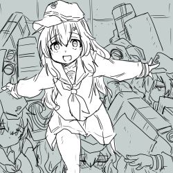 Rule 34 | akatsuki (kancolle), android, bodies, commentary, hat, highres, kantai collection, long hair, looking at viewer, monochrome, multiple girls, neckerchief, open mouth, outstretched arms, pleated skirt, poyo (hellmayuge), rigging, sailor collar, school uniform, serafuku, skirt, spread arms