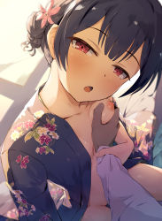 Rule 34 | 1boy, 1girl, black hair, black kimono, blunt bangs, blush, grabbing another&#039;s breast, breasts, dark-skinned male, dark skin, floral print, flower, grabbing, guided breast grab, guiding hand, hair flower, hair ornament, hetero, highres, holding another&#039;s wrist, idolmaster, idolmaster shiny colors, japanese clothes, kimono, looking at viewer, morino rinze, nipples, no bra, no panties, open mouth, print kimono, red eyes, seneto, short hair, sitting, small breasts, solo focus, sweat, thighs