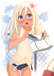 Rule 34 | 10s, 1girl, :o, bad id, bad pixiv id, blonde hair, blue eyes, blurry, blush, chain-link fence, clothes pull, cloud, depth of field, fence, flower, hair ornament, highres, kantai collection, karutamo, lifebuoy, long hair, looking at viewer, navel, one-piece swimsuit pull, one-piece tan, open mouth, ro-500 (kancolle), school swimsuit, school uniform, solo, sweat, swim ring, swimsuit, tan, tanline, tareme, tongue, topless, wide-eyed