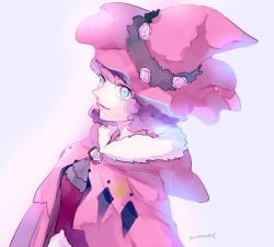 Rule 34 | 1girl, black clover, blue eyes, breasts, cape, capelet, dorothy unsworth, flower, fur-trimmed capelet, fur trim, hat, looking at viewer, mameezu, multicolored eyes, pink cape, pink capelet, pink flower, pink headwear, pink rose, purple eyes, purple hair, rose, short hair, simple background, small breasts, smile, witch, witch hat