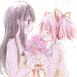 Rule 34 | 2girls, ^ ^, akemi homura, aoki ume, beige shirt, black hair, black hairband, bouquet, character name, closed eyes, closed mouth, commentary request, face-to-face, fingernails, flower, from side, hair ribbon, hairband, hands up, happy, happy birthday, height difference, holding, holding bouquet, jitome, kaname madoka, laughing, light blush, light particles, long hair, long sleeves, looking at another, mahou shoujo madoka magica, mahou shoujo madoka magica (anime), multiple girls, nape, official art, open mouth, pink flower, pink hair, profile, purple eyes, red ribbon, ribbon, shirt, sidelocks, simple background, smile, straight hair, text focus, twintails, upper body, white background