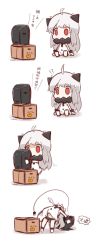 Rule 34 | 10s, 1girl, abyssal ship, ahoge, box, cardboard box, carrying, chibi, comic, covered mouth, dress, highres, horns, kantai collection, long hair, mittens, northern ocean princess, nuu (nu-nyu), pale skin, red eyes, sitting, sketch, solo, suplex, sweat, television, translation request, white dress, white hair