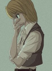 Rule 34 | 1boy, absurdres, alternate costume, androgynous, blonde hair, collared shirt, earrings, enoki (gongindon), from side, hand on own face, highres, hunter x hunter, jewelry, kurapika, male focus, medium hair, shirt, simple background, solo