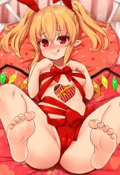 Rule 34 | 1girl, alternate hairstyle, ass, barefoot, blonde hair, blush, box, breasts, cameltoe, chiroshiron, closed mouth, commentary request, feet, female focus, flandre scarlet, foot focus, foreshortening, gift, gift box, hair between eyes, heart, highres, indoors, licking lips, long hair, looking at viewer, lying, naked ribbon, navel, nose blush, on back, on bed, panties, pillow, pointy ears, red eyes, ribbon, sidelocks, small breasts, soles, solo, spread legs, toea, tongue, tongue out, touhou, twintails, underwear, valentine, wings