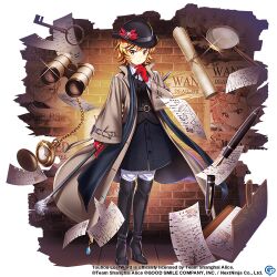 Rule 34 | 1girl, alternate costume, belt, binoculars, black dress, black footwear, black hair, black hat, blonde hair, boots, bowler hat, brown coat, cane, closed mouth, coat, commentary, copyright name, copyright notice, crying, dress, english commentary, flower, formal, full body, game cg, hat, high heels, holding, holding cane, key, kurodani yamame (envoy from the underworld), long sleeves, looking at viewer, magnifying glass, pocket watch, red flower, rotte (1109), solo, streaming tears, tears, thigh boots, third-party source, toramaru shou, toramaru shou (famous detective&#039;s famous assistant), touhou, touhou lostword, wanted, watch, yellow eyes, yorigami jo&#039;on (pestilent phantom thief joon)