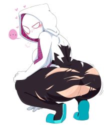 Rule 34 | ..., 1girl, ass, blush, bodysuit, breasts, cleft of venus, gwen stacy, hand on thigh, heart, highres, hood, huge ass, jiggle, jinu (jinusenpai), large breasts, legs, marvel, mask, pussy, sideboob, solo, spider-gwen, spider-man: into the spider-verse, spider-man (series), spider-verse, squatting, superhero costume, thick thighs, thighs, torn clothes, uncensored, white background, wide hips
