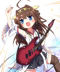 Rule 34 | &gt;:d, 10s, 1girl, :d, ahoge, ayakashi (monkeypanch), blue eyes, brown hair, detached sleeves, double bun, fang, guitar, hairband, hands up, highres, instrument, kantai collection, kongou (kancolle), long hair, nontraditional miko, open mouth, plectrum, sketch, smile, solo, v-shaped eyebrows