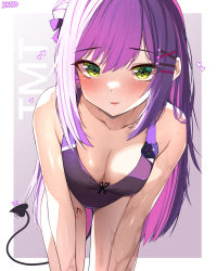 Rule 34 | 1girl, absurdres, bare shoulders, bibi (tokoyami towa), blush, breasts, collarbone, demon girl, demon tail, fang, green eyes, hair bun, hair ornament, hairclip, heart, heart-shaped pupils, heart tattoo, highres, hololive, kkato, leg tattoo, long hair, looking at viewer, medium breasts, multicolored hair, one-piece swimsuit, open mouth, piercing, pink hair, pubic tattoo, purple hair, sidelocks, smile, solo, swimsuit, symbol-shaped pupils, tail, tail ornament, tail piercing, tattoo, tokoyami towa, virtual youtuber