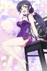 Rule 34 | absurdres, bead bracelet, beads, blush, bracelet, breasts, china dress, chinese clothes, cleavage cutout, clothing cutout, commentary request, dress, floral background, floral print, green eyes, high heels, highres, jewelry, large breasts, looking at viewer, love live!, love live! school idol festival, low twintails, on chair, open mouth, purple hair, side slit, signature, sitting, smile, teeth, tojo nozomi, twintails, upper teeth only, white footwear, zero-theme