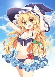 Rule 34 | 1girl, armpits, arms up, bikini, black bikini, blonde hair, blue sky, bow, braid, breasts, cleavage, cloud, cloudy sky, cowboy shot, day, flower, frilled bikini, frills, green bow, hair bow, halterneck, halterneck, hat, hat bow, highres, kirisame marisa, long hair, looking at viewer, maturiuta sorato, medium breasts, navel, open mouth, sarong, side braid, sky, smile, solo, star-shaped pupils, star (symbol), star print, swimsuit, symbol-shaped pupils, touhou, very long hair, wavy hair, white bow, witch hat, yellow eyes