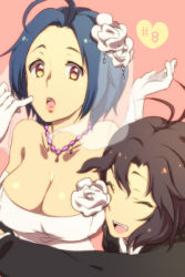 Rule 34 | 2girls, :o, ahoge, antenna hair, bad id, bad pixiv id, bare shoulders, black hair, blue hair, breasts, cleavage, closed eyes, corsage, formal, gloves, heart, idolmaster, idolmaster (classic), jewelry, kikuchi makoto, large breasts, liht098hue, looking at viewer, miura azusa, multiple girls, necklace, open mouth, short hair, simple background, suit, yellow eyes
