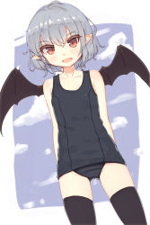 Rule 34 | 1girl, alternate costume, bat wings, black thighhighs, blush, fang, highres, looking at viewer, one-piece swimsuit, open mouth, pointy ears, red eyes, remilia scarlet, school swimsuit, shone, short hair, silver hair, sketch, smile, solo, swimsuit, thighhighs, touhou, wings