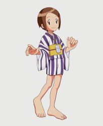 Rule 34 | 1girl, barefoot, brown eyes, brown hair, child, clenched hands, digimon, digimon adventure 02, feet, female focus, flat chest, full body, hair ornament, hairclip, hands up, happy, heel up, highres, japanese clothes, jewelry, kimono, legs, long sleeves, looking at viewer, matching hair/eyes, medium hair, neck, necklace, obi, outstretched hand, sash, short kimono, short yukata, sidelocks, simple background, smile, standing, striped clothes, striped kimono, swept bangs, thighs, toenails, toes, white background, wide sleeves, yagami hikari, yellow sash, yukata