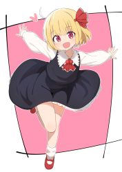 Rule 34 | 1girl, absurdres, ahoge, ascot, black skirt, black vest, blonde hair, commentary request, fang, flower, full body, hair ribbon, heart, highres, korean commentary, long sleeves, looking at viewer, loose socks, luke (dydansgur), mary janes, open mouth, outstretched arms, pink background, red ascot, red eyes, red flower, red ribbon, ribbon, rumia, shoes, short hair, skin fang, skirt, smile, socks, solo, spread arms, standing, standing on one leg, touhou, vest, white legwear