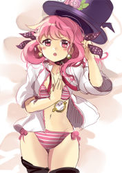 Rule 34 | 1girl, blush, bra, crescent conundrum, earrings, fang, hair ribbon, hat, holding, jewelry, lingerie, lying, midriff, navel, on back, open clothes, open mouth, open shirt, panties, pink eyes, pink hair, pocket watch, ribbon, shirt, sketch, solo, striped clothes, striped panties, sword girls, top hat, underwear, watch