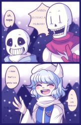 Rule 34 | 1girl, 2boys, 2koma, ^ ^, blue hair, blue jacket, blush stickers, brothers, closed eyes, comic, commentary, crossover, english text, gloves, grin, hands up, hat, highres, hood, hooded jacket, index finger raised, jacket, letty whiterock, light blue hair, light purple hair, long sleeves, monster boy, multiple boys, nature, open mouth, outdoors, papyrus (undertale), plant, pun, red gloves, red scarf, round teeth, sans (undertale), scarf, siblings, skeleton, smile, snowing, teeth, touhou, undertale, upper body, white hat, white scarf, wide sleeves, yatsunote
