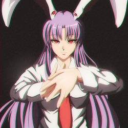 Rule 34 | 1girl, animal ears, black background, dark background, expressionless, extra eyes, foreshortening, highres, long hair, necktie, perspective, purple hair, rabbit ears, red eyes, red necktie, reisen udongein inaba, simple background, solo, step arts, touhou, upper body, wing collar