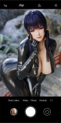 Rule 34 | 1girl, 3d, akiryo, ass, black eyes, black hair, breasts, camera, cellphone, cleavage, dead or alive, hair ribbon, hand on own face, highres, jacket, large breasts, leather, leather jacket, long hair, looking at viewer, mole, mole under mouth, neck, nyotengu, outdoors, phone, ribbon, smartphone, solo, thighs