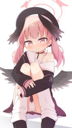Rule 34 | 1girl, absurdres, ayanepuna, bare shoulders, beret, black choker, black footwear, black hat, black shirt, black wings, blouse, blue archive, blush, choker, closed mouth, collarbone, commentary request, feathered wings, halo, hat, head wings, highres, hugging object, hugging own legs, knees up, koharu (blue archive), long hair, long sleeves, loose socks, low wings, off shoulder, panties, pink eyes, pink hair, pleated skirt, puffy long sleeves, puffy sleeves, purple skirt, sailor collar, shirt, shoes, sitting, skirt, sleeves past wrists, socks, solo, sweat, twintails, underwear, wavy hair, wavy mouth, white background, white panties, white sailor collar, white socks, wings