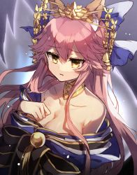 Rule 34 | 10s, 1girl, animal ears, bare shoulders, bell, black background, blue background, blue bow, blue kimono, bow, breasts, chibirisu, cleavage, clenched hand, collar, collarbone, crying, crying with eyes open, fate/extra, fate/grand order, fate (series), fox ears, fox tail, gradient background, hair bell, hair between eyes, hair ornament, highres, japanese clothes, jewelry, kimono, kitsune, large breasts, light particles, long hair, long sleeves, looking away, off shoulder, official alternate costume, parted lips, pink hair, simple background, tail, tamamo no mae (fate/extra), tamamo no mae (third ascension) (fate), tears, yellow eyes