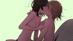Rule 34 | 2girls, black hair, blush, breasts, brown hair, closed eyes, collarbone, green background, hand on another&#039;s arm, hand on another&#039;s arms, kiss, medium breasts, multiple girls, navel, nude, original, short hair, simple background, sitting, sitting on lap, sitting on person, sketch, small breasts, yui 7, yuri