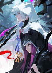 Rule 34 | 1boy, 1girl, alchemaniac, black robe, blue background, braid, closed mouth, earrings, fate/grand order, fate (series), feather earrings, feathers, flower knot, from side, hair between eyes, height difference, highres, holding, holding staff, hood, hood up, hooded robe, jewelry, long hair, medusa (fate), medusa (lancer) (fate), medusa (rider) (fate), merlin (fate), profile, purple hair, red eyes, rider, robe, smile, staff, white hair, white robe