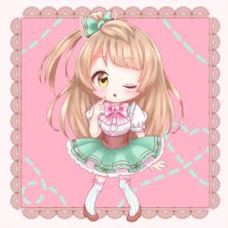Rule 34 | 1girl, :o, artist name, artist request, blush, bow, brown eyes, brown footwear, brown hair, chibi, corset, cross-laced clothes, cross-laced dress, female focus, full body, green bow, green skirt, grey hair, hair bow, light brown hair, long hair, love live!, love live! school idol festival, love live! school idol project, minami kotori, nyamu (nyam nyamn), one eye closed, parted lips, pink bow, pink neckwear, ponytail, puffy short sleeves, puffy sleeves, shirt, shoes, short sleeves, side ponytail, skirt, solo, striped legwear, vertical-striped legwear, white legwear, white shirt