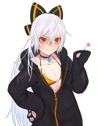 Rule 34 | 1girl, animal hood, bad id, bad twitter id, beijuu, bikini, bikini top only, bikini under clothes, bow, bra, breasts, candy, collar, collarbone, commentary, contrapposto, food, girls&#039; frontline, hair between eyes, hair bow, hand on own hip, highres, hood, hoodie, lollipop, long hair, open clothes, orange bikini, simple background, small breasts, smile, solo, string bikini, swimsuit, tokarev (girls&#039; frontline), underwear, unzipped, v-shaped eyebrows, very long hair, very long sleeves, white background, white hair