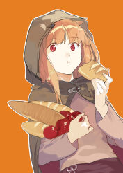 Rule 34 | 1girl, :t, absurdres, animal ears, apple, blunt bangs, bread, bright pupils, brown cloak, brown hair, brown shirt, chinese commentary, cloak, closed mouth, commentary request, derivative work, eating, food, fruit, hands up, highres, holding, holding food, holding fruit, holo, hood, hood up, long hair, long sleeves, looking at viewer, orange background, red apple, red eyes, shenhaiqiqudan, shirt, simple background, solo, spice and wolf, upper body, wolf ears, wolf girl