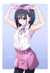 Rule 34 | 1girl, armpits, arms up, bare arms, belt, black hair, black pantyhose, blue background, blue eyes, border, bow hairband, brown belt, closed mouth, collared shirt, commentary, cowboy shot, dated, hairband, highres, looking ahead, medium hair, monai-chan (nii manabu), neck ribbon, nii manabu, original, outside border, pantyhose, pink hairband, pink skirt, pleated skirt, purple ribbon, ribbon, shirt, shirt tucked in, signature, skirt, sleeveless, sleeveless shirt, smile, solo, split mouth, standing, white border, white shirt