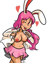 Rule 34 | 1girl, ;p, alternate hair color, animal ears, blush stickers, breasts, breasts out, flashing, heart, leomodesto, long hair, looking at viewer, naughty face, navel, nipples, one eye closed, open clothes, open shirt, pink hair, pink skirt, rabbit ears, red eyes, reisen udongein inaba, shirt, simple background, skirt, solo, tongue, tongue out, touhou, white background, white shirt