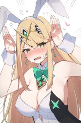 Rule 34 | 1girl, animal ears, bare shoulders, blonde hair, blush, bow, bowtie, breasts, chest jewel, cleavage, commentary, detached collar, emphasis lines, fake animal ears, flying sweatdrops, green bow, green bowtie, heart, heart in eye, highres, large breasts, leotard, long hair, mythra (xenoblade), open mouth, playboy bunny, rabbit ears, rabbit pose, sidelocks, solo, strapless, strapless leotard, sweat, symbol in eye, teeth, tiara, traditional bowtie, upper body, upper teeth only, wabimochi, wrist cuffs, xenoblade chronicles (series), xenoblade chronicles 2, yellow eyes