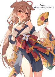 Rule 34 | 1girl, 2021, absurdres, alternate costume, alternate hair length, alternate hairstyle, bare legs, black skirt, blush, bone hair ornament, bow, breasts, brown hair, cleavage, commentary, cowboy shot, criss-cross halter, detached sleeves, fang, floral print, folding fan, furisode, hair between eyes, hair bobbles, hair ornament, hair ribbon, halterneck, hana mori, hand fan, happy new year, highres, holding, holding fan, hololive, inugami korone, inugami korone (new year), japanese clothes, kimono, kouhaku nawa, long hair, looking at viewer, medium breasts, new year, obi, open mouth, pelvic curtain, red bow, red eyes, ribbon, rising sun flag, rope, sash, shimenawa, sidelocks, simple background, skin fang, skirt, smile, solo, sunburst, thighs, tress ribbon, virtual youtuber, white background, white kimono, wide sleeves