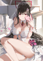 Rule 34 | 1girl, 2021, black hair, breasts, cellphone, cleavage, closed mouth, curtains, dress, facing viewer, flower, highres, holding, holding phone, indie virtual youtuber, instrument, large breasts, long hair, looking at viewer, otsufuji nene, panties, phone, piano, red eyes, selfie, sitting, smartphone, smile, solo, suzuame yatsumi, underwear, veil, virtual youtuber, wedding dress, white panties