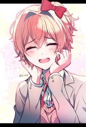 Rule 34 | :d, aicedrop, bow, closed eyes, doki doki literature club, hair bow, hands on own cheeks, hands on own face, heart, jacket, letterboxed, open mouth, pink hair, red bow, ribbon, sayori (doki doki literature club), school uniform, short hair, simple background, smile, solo