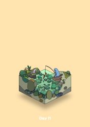 Rule 34 | boulder, commentary request, diorama, fish, fishing, gozz, highres, isometric, lobster, moss, orange background, original, plant, river, sitting, squirrel