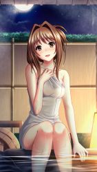 Rule 34 | 1girl, :d, blush, breasts, brown eyes, brown hair, collarbone, doukyuusei another world, game cg, hair intakes, kakyuusei 2, long hair, looking at viewer, medium breasts, moon, naked towel, night, official art, onsen, open mouth, outdoors, saimon tamaki, sitting, smile, soaking feet, solo, towel