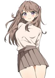 Rule 34 | 1girl, blush, breasts, brown hair, brown skirt, closed mouth, commentary request, contrapposto, djpwjd1, fujishima megumi, highres, link! like! love live!, long hair, long sleeves, looking at viewer, love live!, medium breasts, pleated skirt, purple eyes, skirt, smile, solo, standing, sweater, turtleneck, turtleneck sweater, upper body, virtual youtuber, white background, white sweater