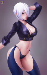 Rule 34 | 1girl, angel (kof), arm at side, arm behind head, artist name, belt, belt buckle, black jacket, black panties, blue eyes, breasts, buckle, chaps, cleavage, collarbone, contrapposto, cowboy shot, cropped jacket, eyelashes, gradient background, gradient hair, groin, hair over one eye, hand up, highres, jacket, kyoffie, large breasts, long sleeves, makeup, mascara, midriff, multicolored hair, navel, no bra, nose, one eye covered, panties, parted lips, short hair, snk, solo, standing, stomach, teeth, the king of fighters, underwear, unzipped, white hair, zipper
