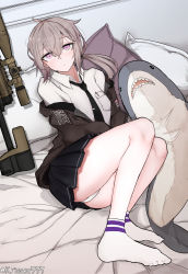 Rule 34 | 1girl, american flag, bipod, black necktie, black skirt, blush, bolt action, breast pocket, brown jacket, cheytac m200, closed mouth, clothes pull, collared shirt, full body, girls&#039; frontline, grey hair, gun, highres, jacket, jacket pull, long hair, long sleeves, looking at viewer, lying, m200 (girls&#039; frontline), miniskirt, necktie, no shoes, off shoulder, on side, open clothes, open jacket, panties, pantyshot, pleated skirt, pocket, purple eyes, rifle, scope, shirt, skirt, sniper rifle, socks, solo, stuffed animal, stuffed shark, stuffed toy, twitter username, underwear, weapon, white panties, white shirt, white socks, wing collar, wuwuwu (kriswu555)