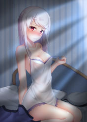 Rule 34 | 1girl, absurdres, arm support, bed, blush, breasts, cleavage, collarbone, highres, indoors, lingerie, long hair, looking at viewer, medium breasts, negligee, off shoulder, pillow, red eyes, shiny skin, sideboob, silver hair, sitting, solo, striped, striped background, underwear, warship girls r, xia zhi chong yin xu ruo dan qing