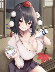 Rule 34 | 1girl, alcohol, black hair, black skirt, bottle, breasts, bust cup, cleavage, collared shirt, commentary request, grin, hat, hauchiwa, highres, holding, holding bottle, large breasts, long sleeves, partially unbuttoned, pom pom (clothes), pouring, pouring onto self, red eyes, red hat, ritseya, sake, seductive smile, shameimaru aya, shirt, short hair, sitting, skirt, sleeves rolled up, smile, solo, tokin hat, touhou, wakamezake, white shirt