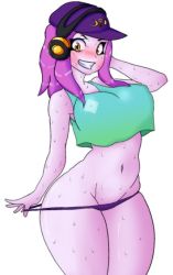 Rule 34 | artist request, baseball cap, blush, breasts, character request, grin, hat, headphones, large breasts, nipples through clothes, orange eyes, panties, panty pull, pink hair, pulled by self, purple headwear, purple panties, roblox, smile, source request, sweat, thick thighs, thighs, underwear