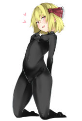 Rule 34 | 1girl, arm behind back, bad id, bad pixiv id, blonde hair, blush, bodysuit, breasts, covered navel, full body, hair ribbon, heart, highres, kneeling, kz oji, looking at viewer, red eyes, red ribbon, ribbon, rumia, simple background, small breasts, smile, solo, touhou, white background
