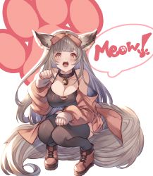 Rule 34 | 1girl, animal ear fluff, ayacho, bell, blunt bangs, breasts, cleavage, collar, collarbone, commission, english text, full body, grey hair, highres, indie virtual youtuber, jacket, large breasts, long hair, long sleeves, neck bell, open clothes, open jacket, open mouth, paw print, red eyes, rumihime, shoes, solo, sound effects, speech bubble, squatting, thighhighs, virtual youtuber, wolf girl